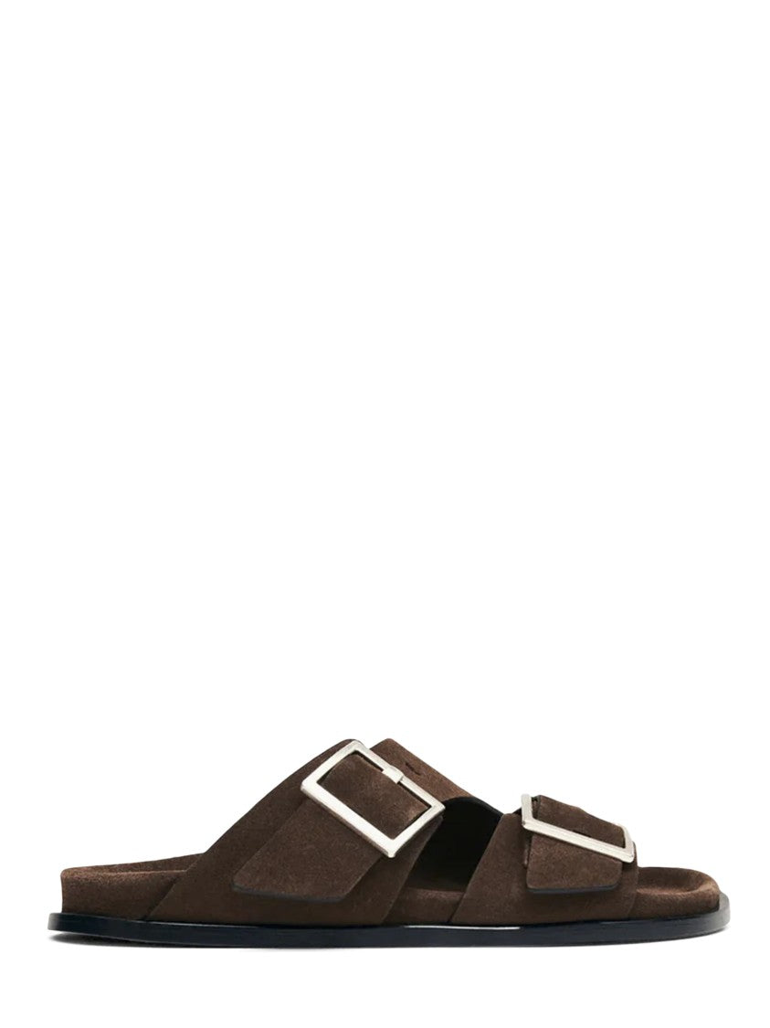 Alohas Cross-Strap Brown Suede Sandals With Silver Buckles