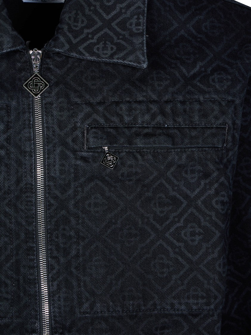 Casablanca Black Zip-Up Denim Jacket With Pattern And Leather Detail