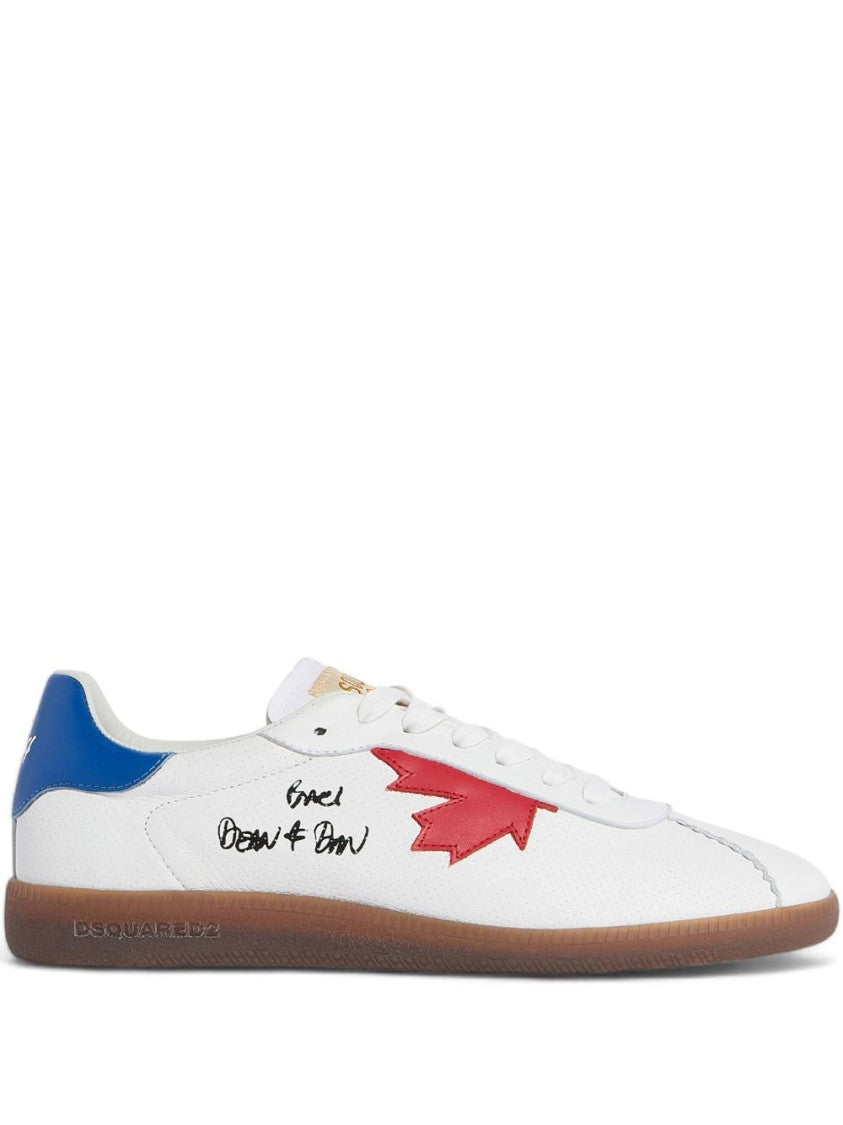 Dsquared2 White Leather Flat Shoes With Bold Maple Leaf Graphic