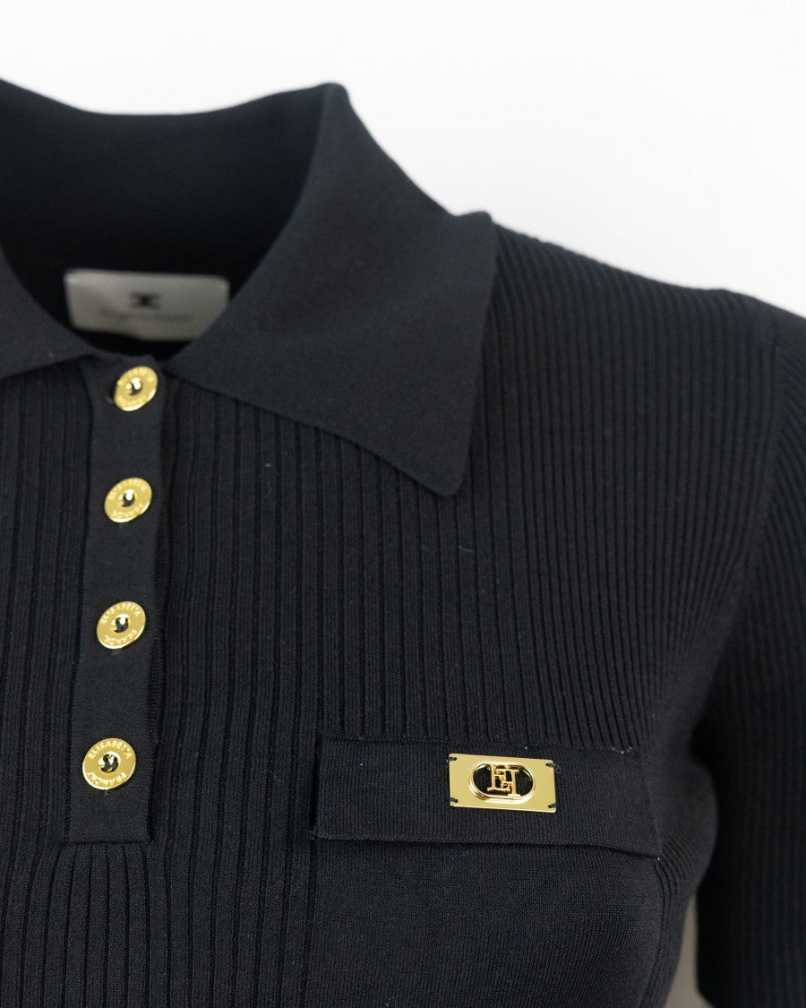 Elisabetta Franchi Black Micro-Ribbed Polo Shirt Pocket