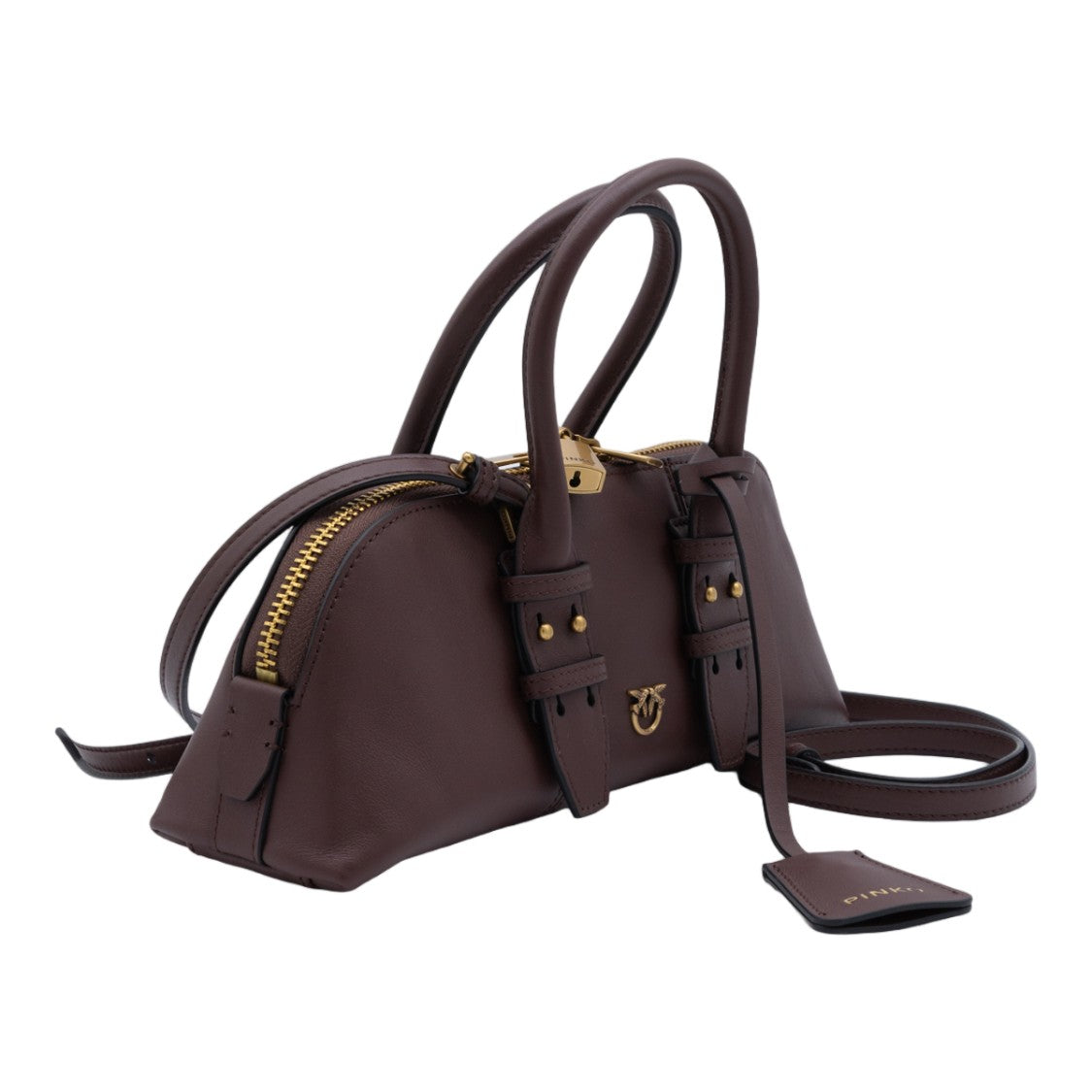 Pinko Sleek Elongated Brown Leather Handbag With Gold-Tone Accents