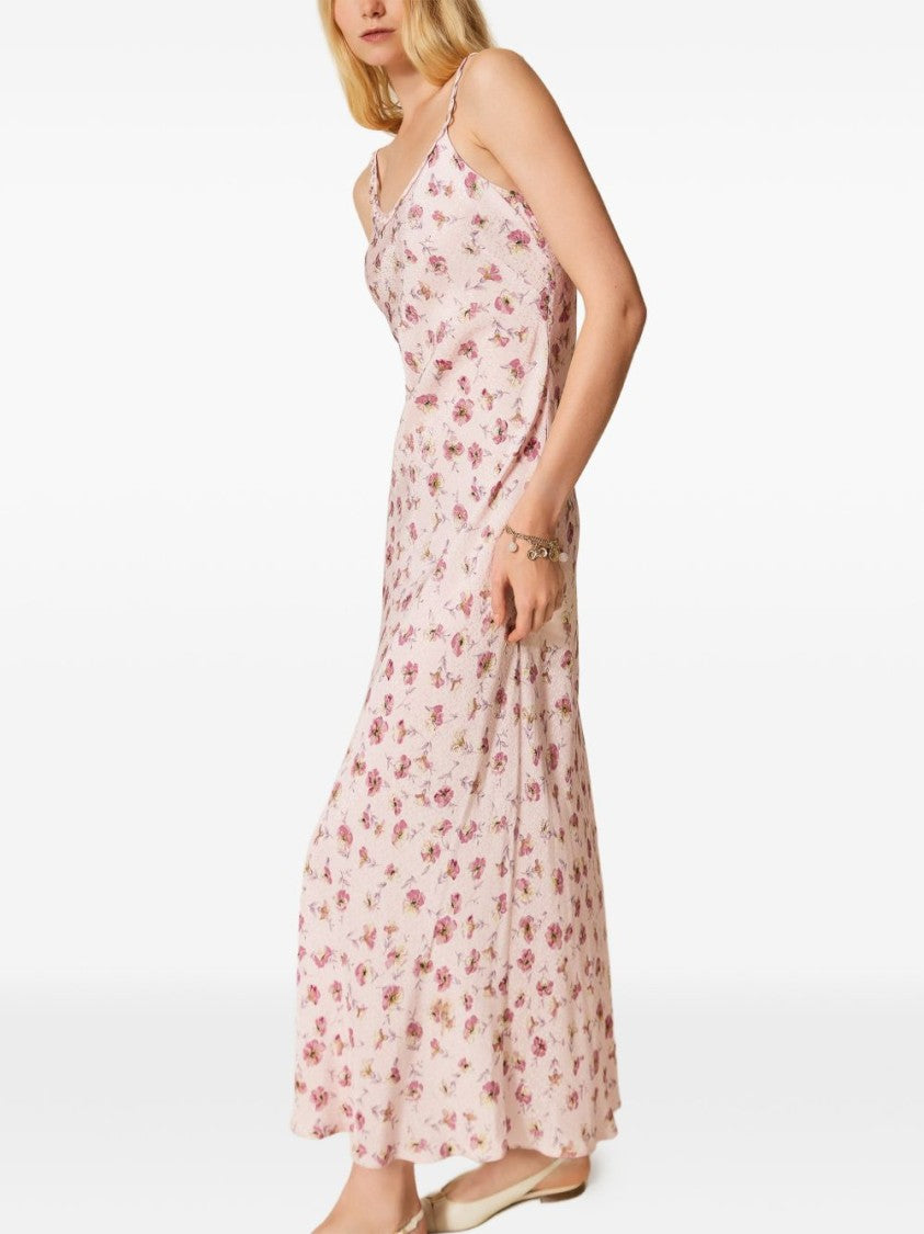 Twin-Set Flowing Pink Maxi Dress With Floral Pattern