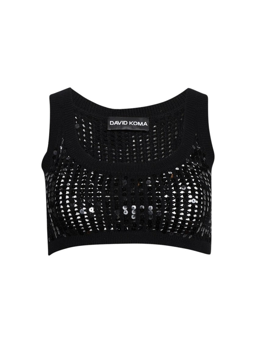 David Koma Sequin Crop Knit Top - Black