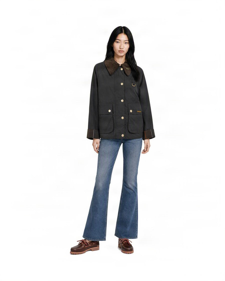 Barbour Short Olive Waxed Cotton Jacket With Corduroy Collar