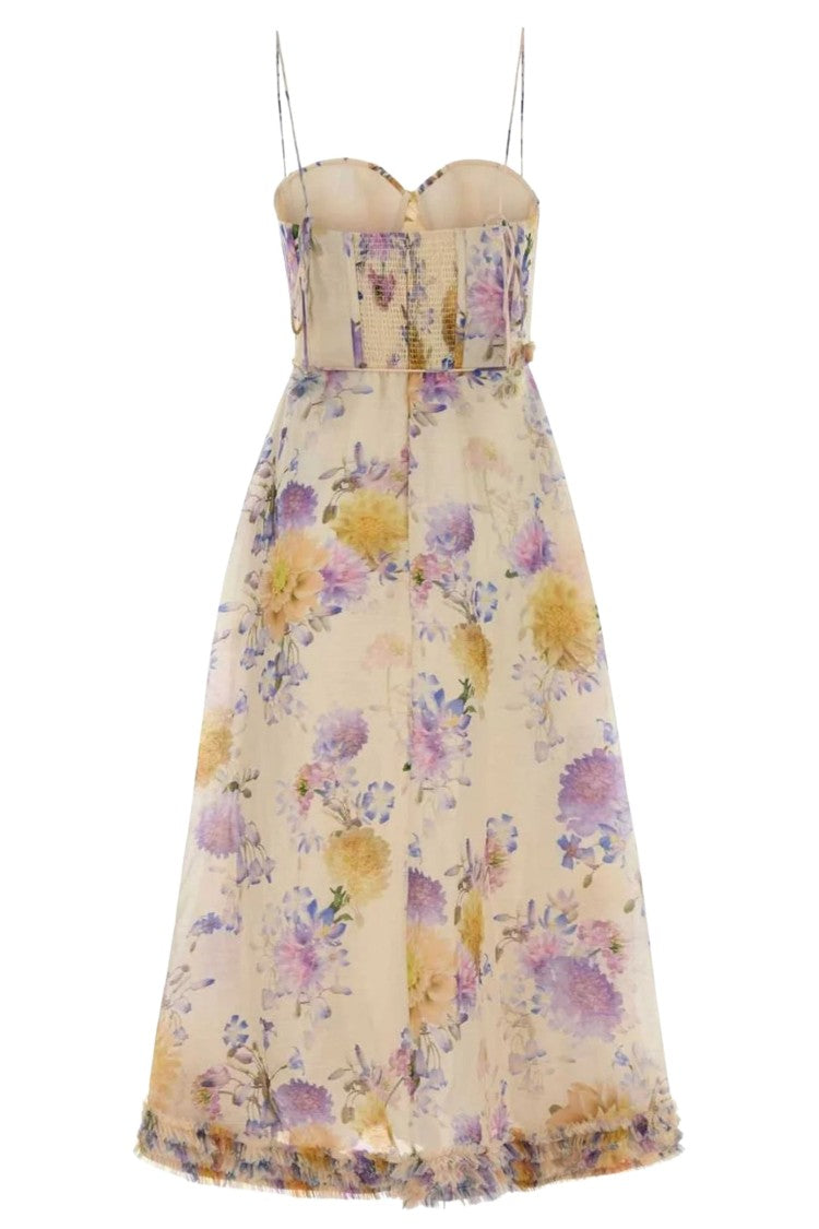 Zimmermann Floral Organza Midi Dress With Sweetheart Neckline And Ruffled Hem