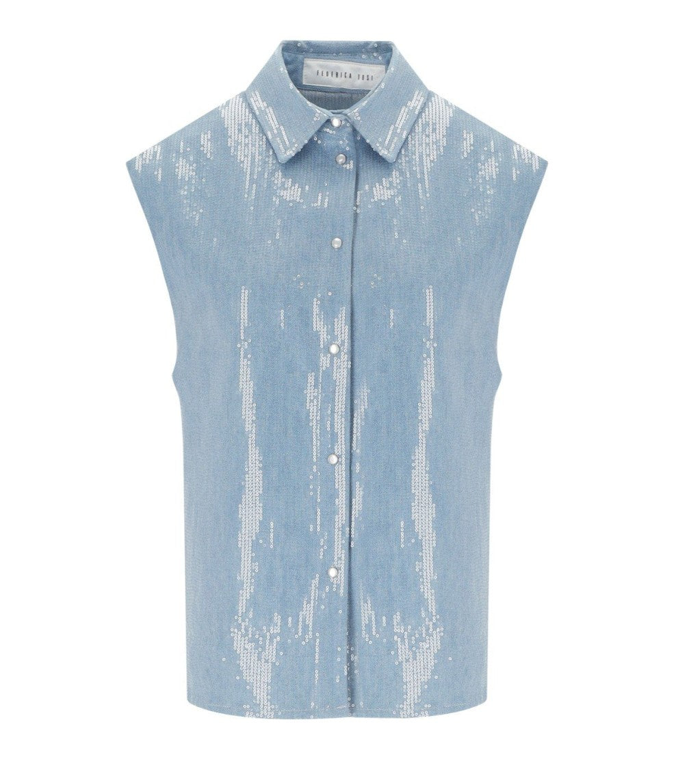 Federica Tosi Denim Acqua Sequins Sleeveless Shirt