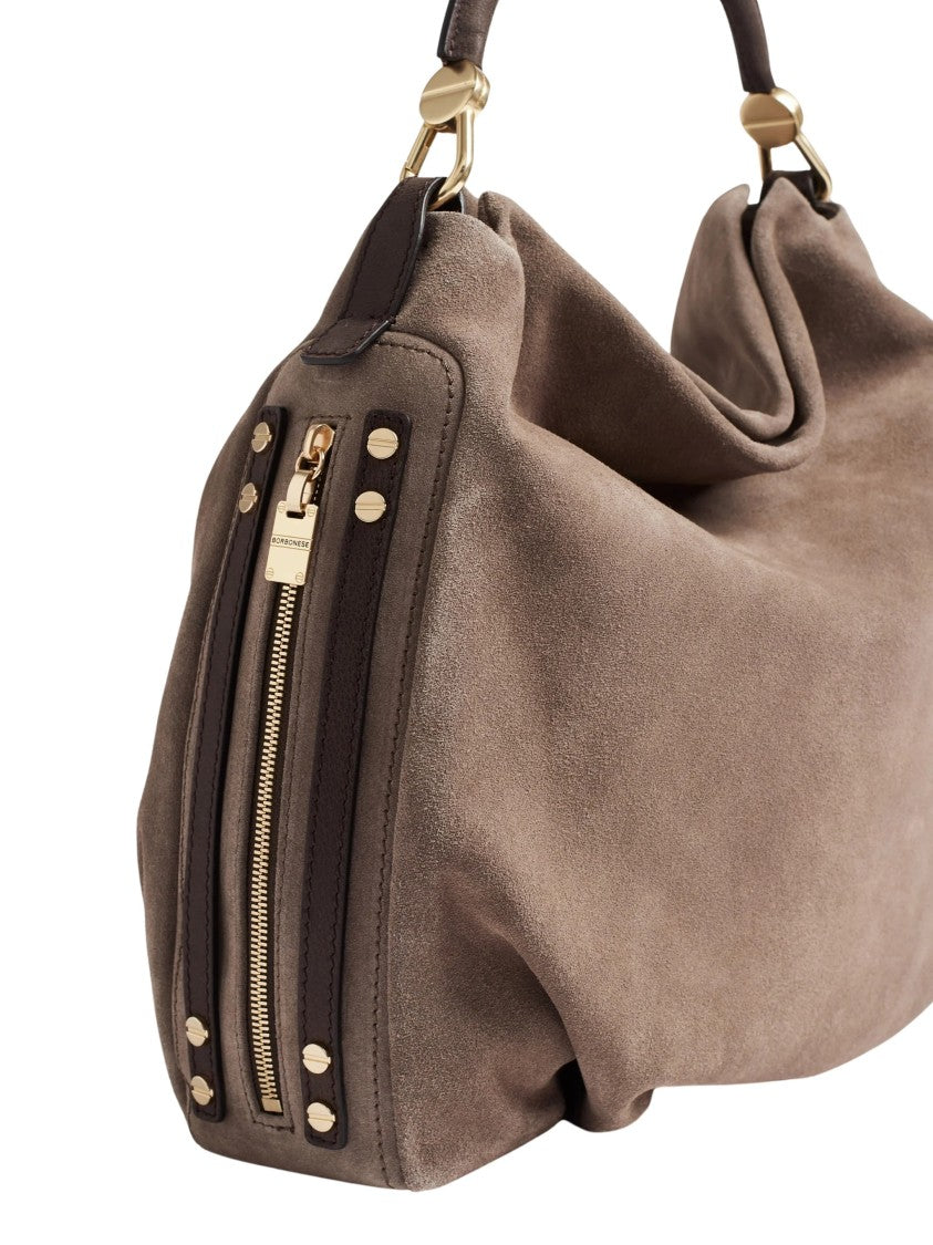 Borbonese Medium-Sized Hobo Bag In Split Suede With Calfskin Accents