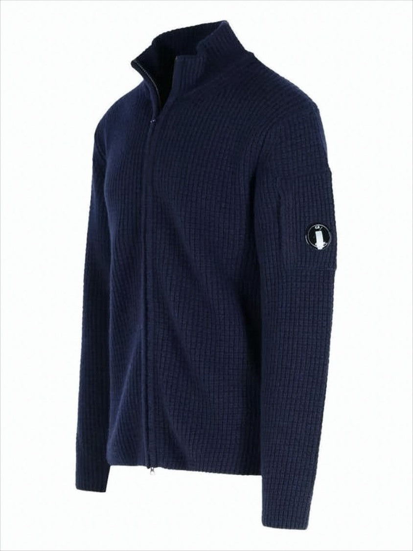 C.P. Company Ribbed Knit Zip-Up Sweater With High Collar And Logo Patch