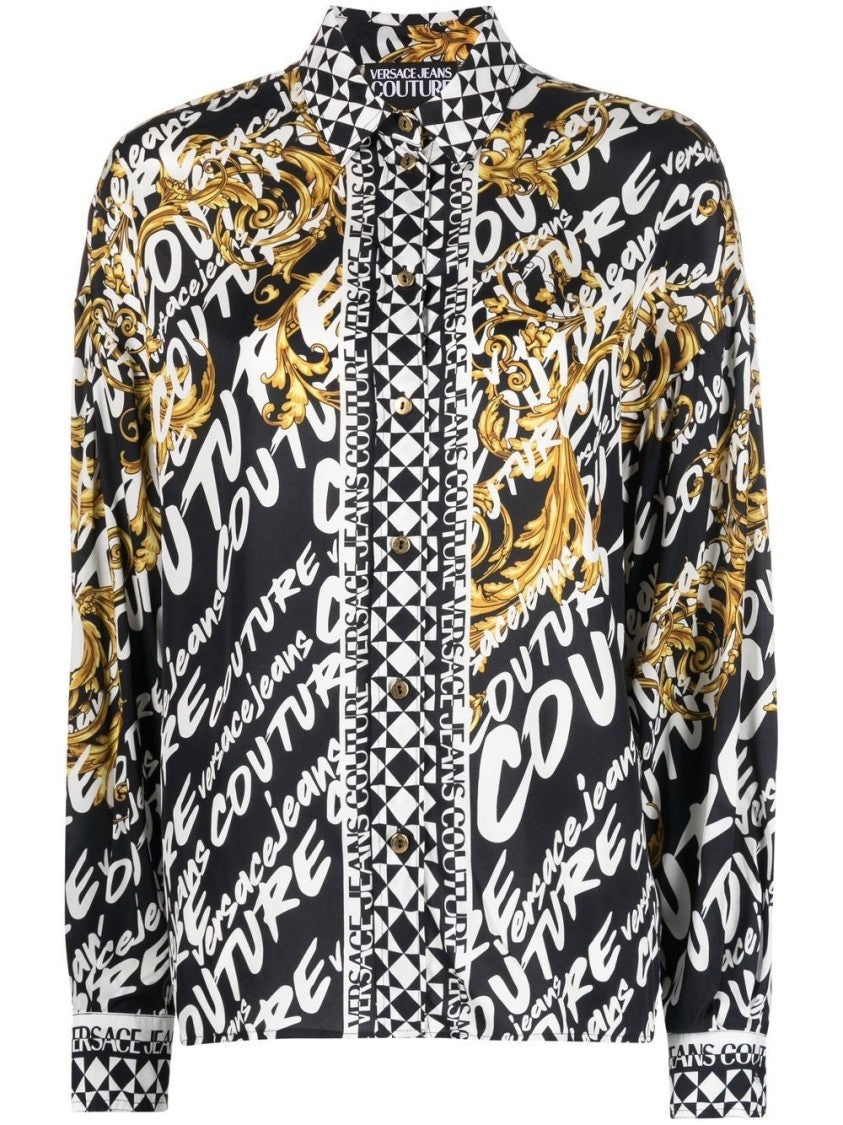 Versace Jeans Couture Bold Black Long Sleeve Shirt With Baroque Graphics And Geometric Accents