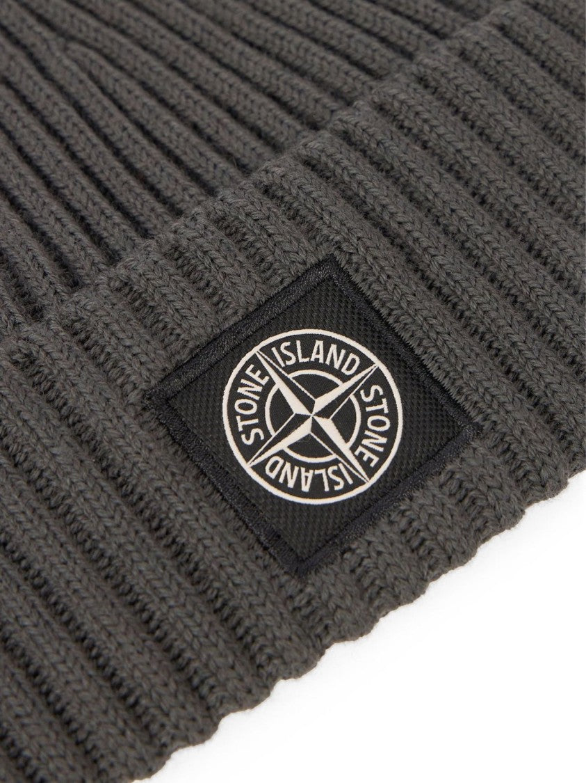Stone Island Ribbed Knit Wool Beanie With Folded Cuff