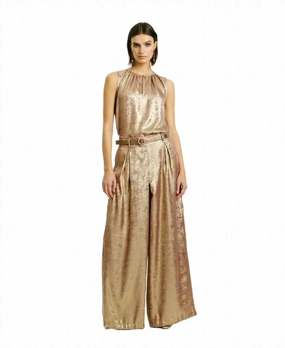 Momonì Laminated Pleated Side-Zip Wide-Leg Pants