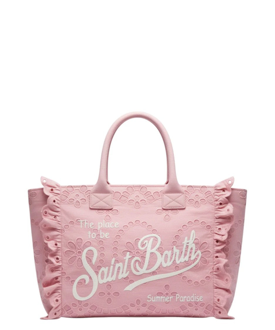 Mc2 Saint Barth Intricate Eyelet Floral Tote Bag With Ruffled Edges