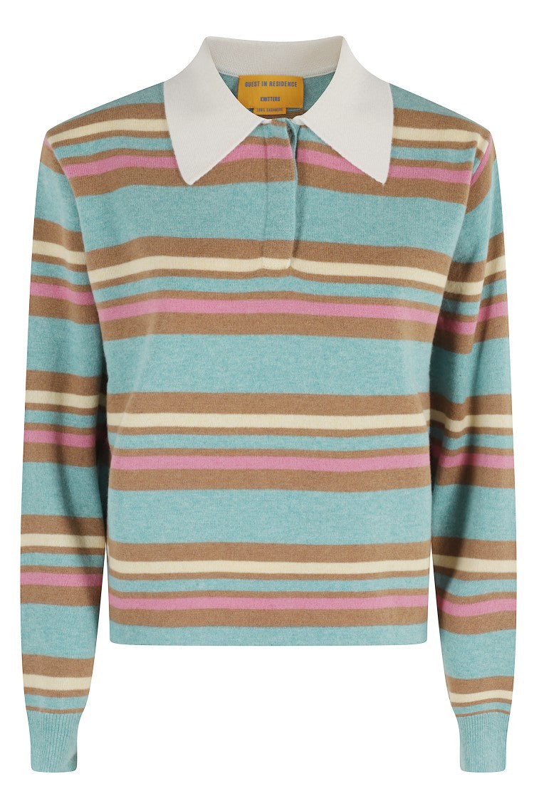 Guest In Residence Cropped Striped Rugby Sweater With Buttoned Crew Neck