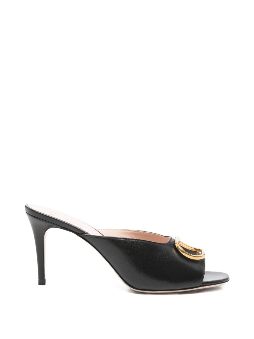 Valentino Black Slide Gold-Tone Logo Emblem Sandals