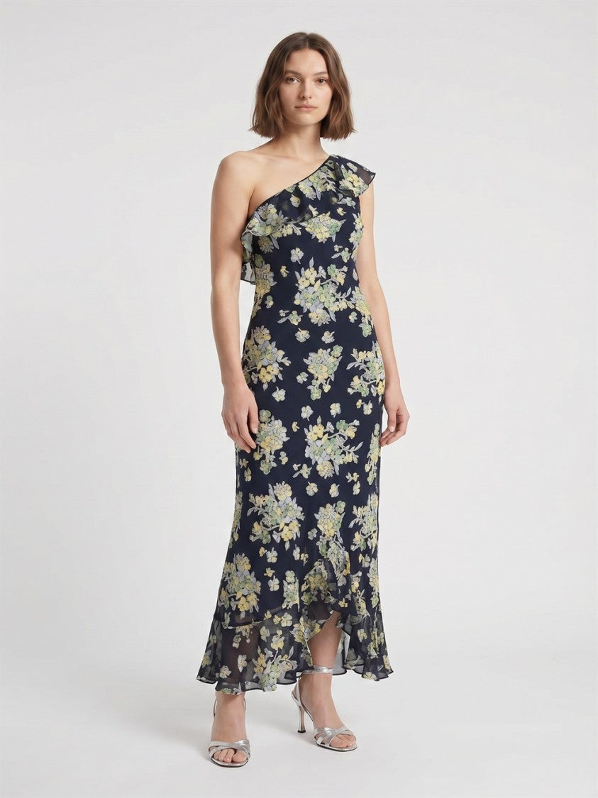 Rixo Blue Leon One-Shoulder Floral Viscose Long Dress