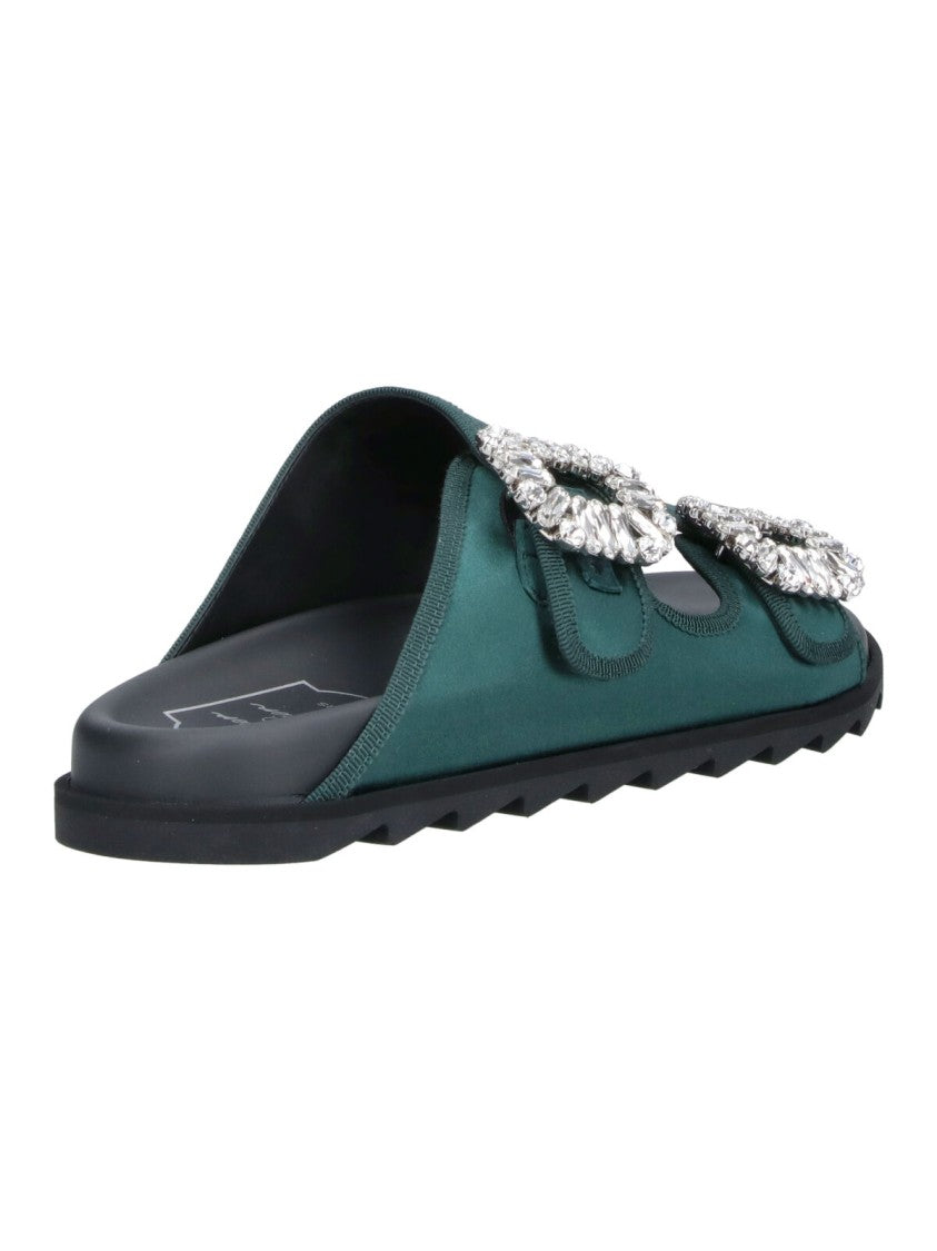 Roger Vivier Green Slidy Viv Satin Strap Mules