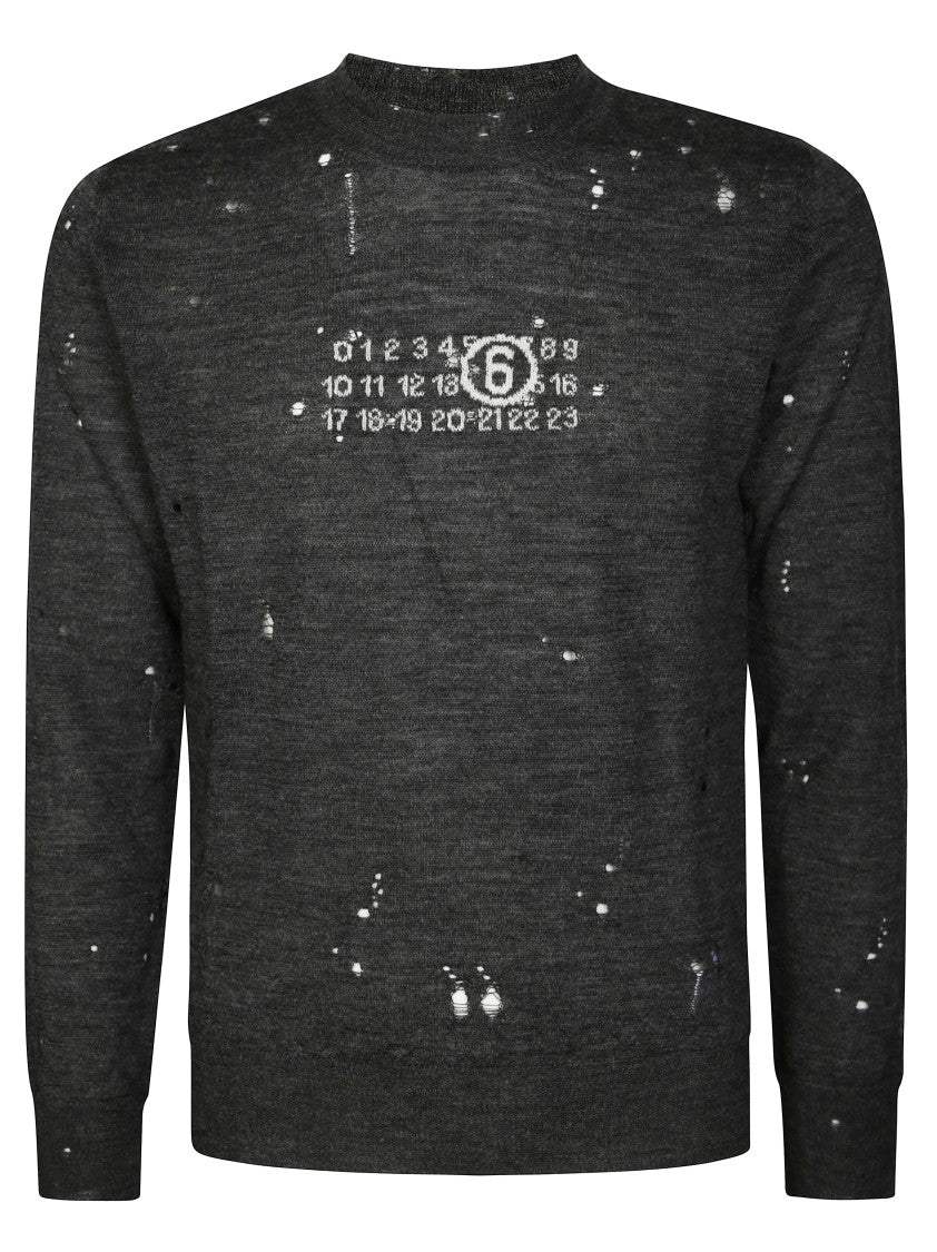 Mm6 By Maison Margiela Distressed Grey Sweater With Round Neckline