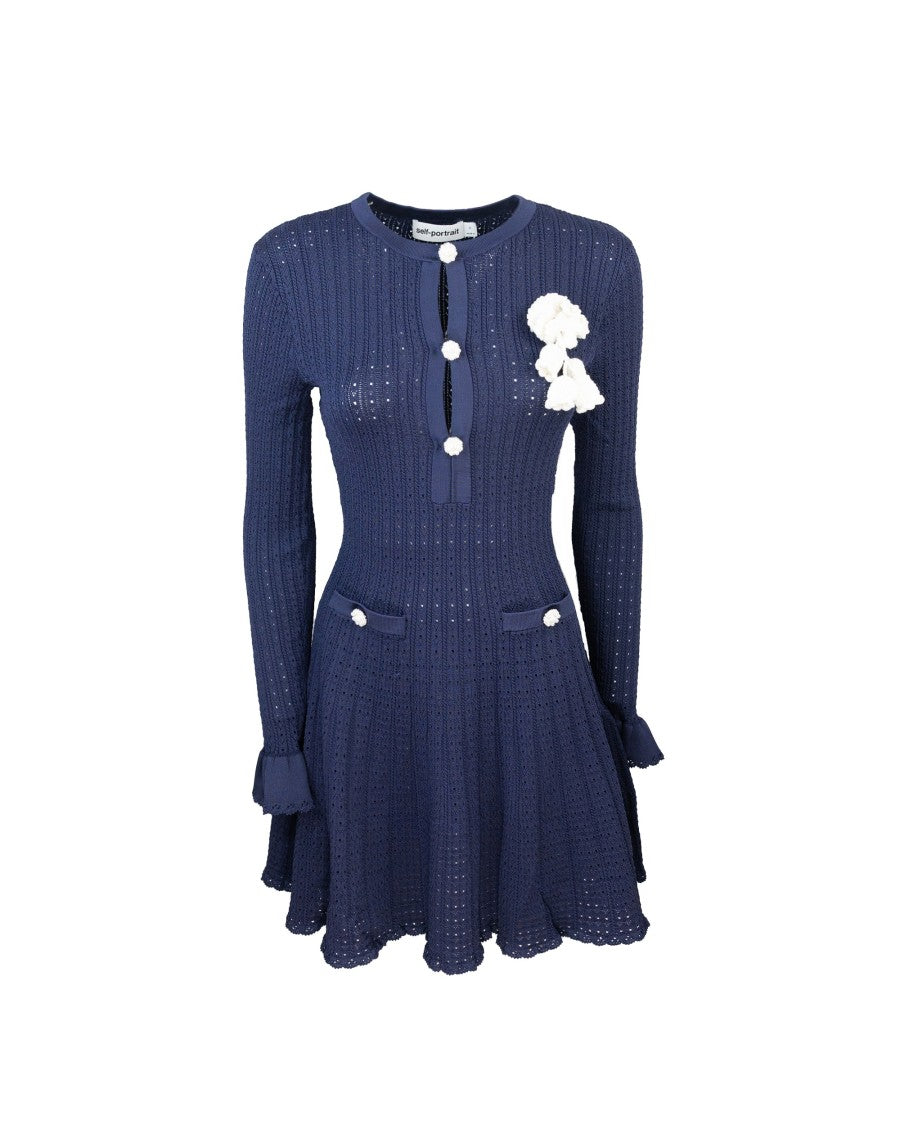 Self-Portrait Mini Navy Pointelle Crochet Flower Dress