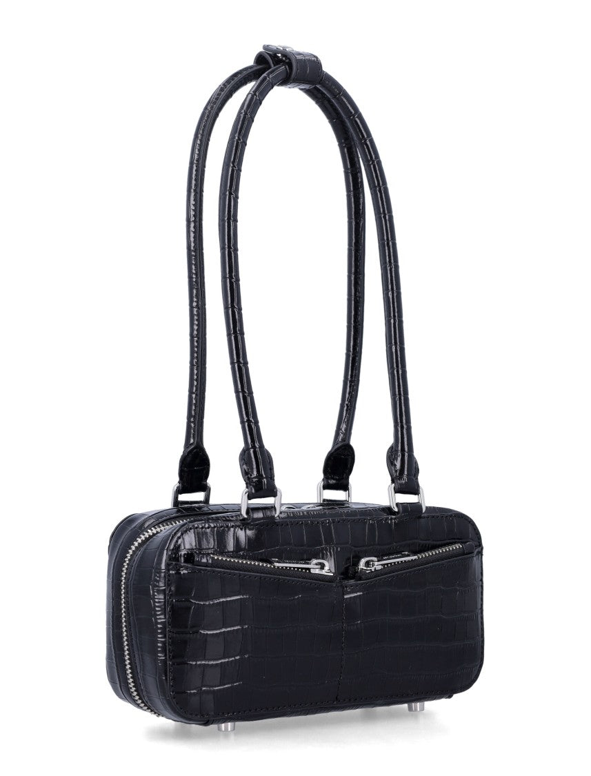 Self-Portrait Compact Black Croc Mini Shoulder Bag With Front Zip Pockets