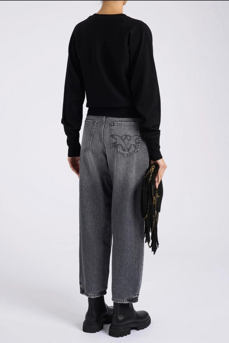 Pinko Black Crewneck Embroidered Love Birds Wool-Blend Sweater