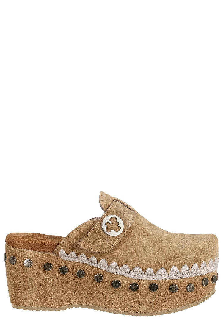 Mou Cognac Plain Crochet Trim Platform Suede Clogs