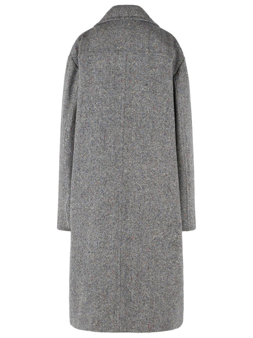 Dries Van Noten Double-Breasted Grey Wool Coat With Multicolored Check Pattern