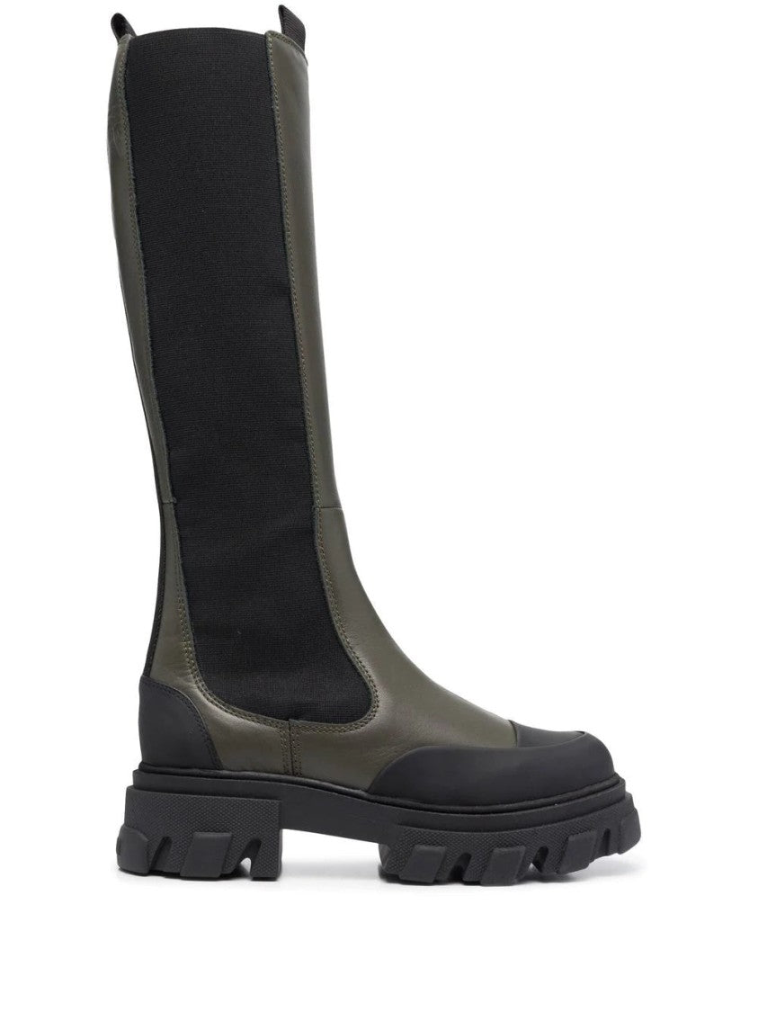 Ganni Green High Chelsea Tall Chunky Sole Pull Tabs Leather Boots