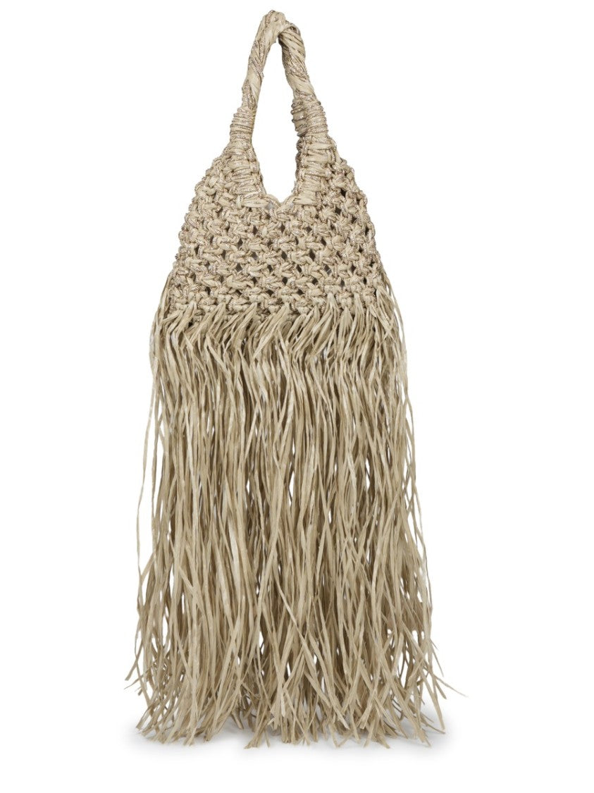 Hibourama Woven Raffia Shoulder Bag With Flowing Fringe Detail