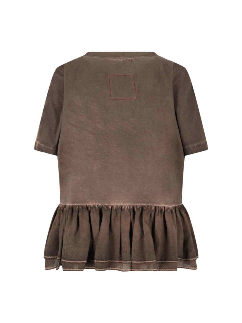 Uma Wang Todi Brown Worn Wash Silk Volant Cotton T-Shirt
