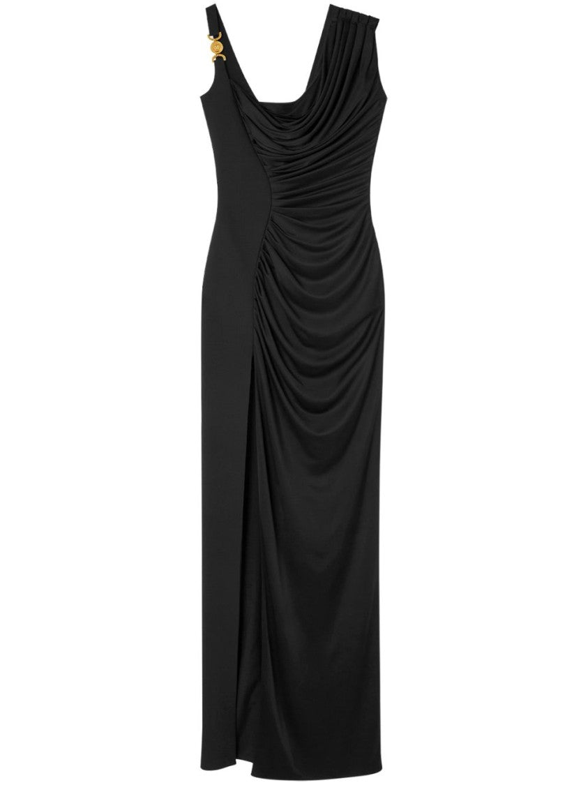 Versace Asymmetric Draped Black Crepe Envers Satin Dress