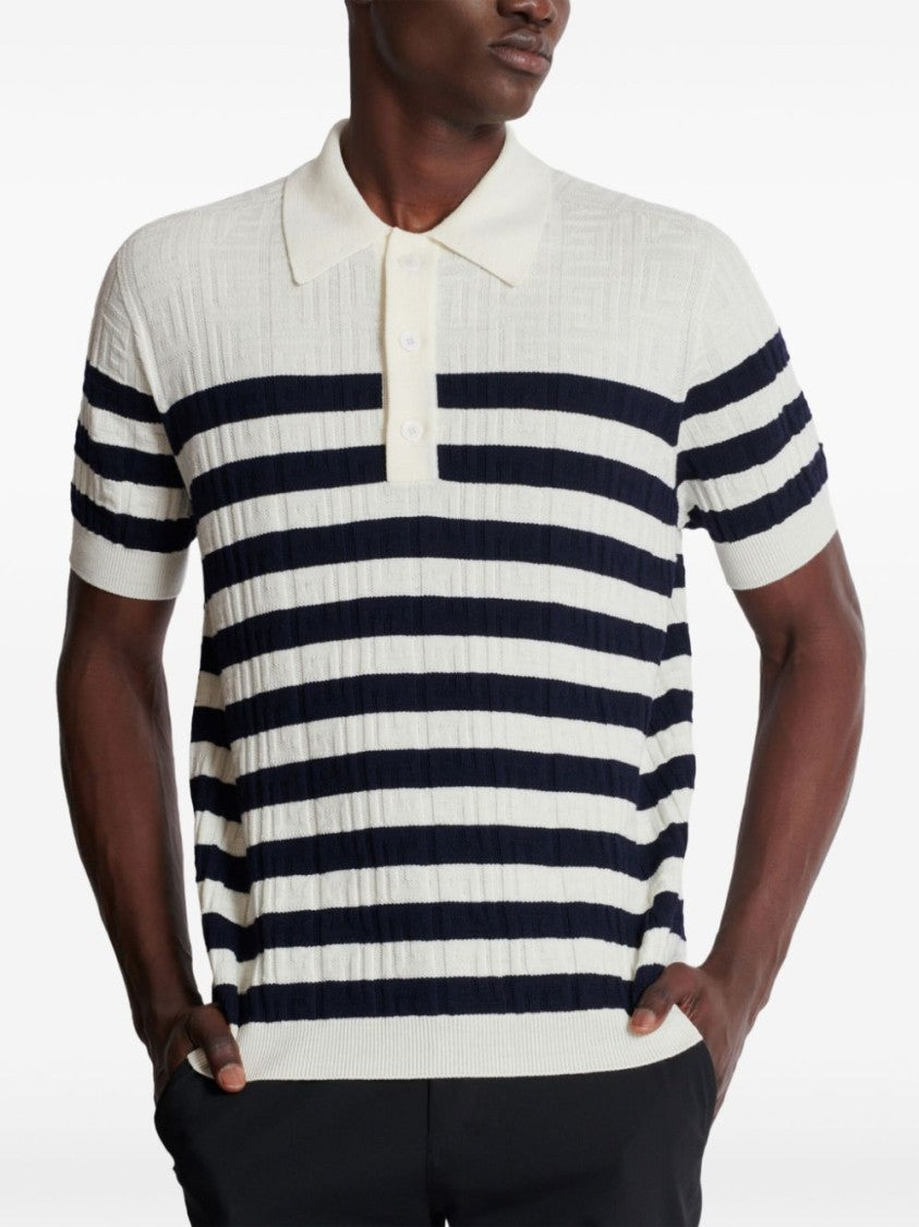 Balmain White Knitted Monogram Virgin Wool Polo Shirt