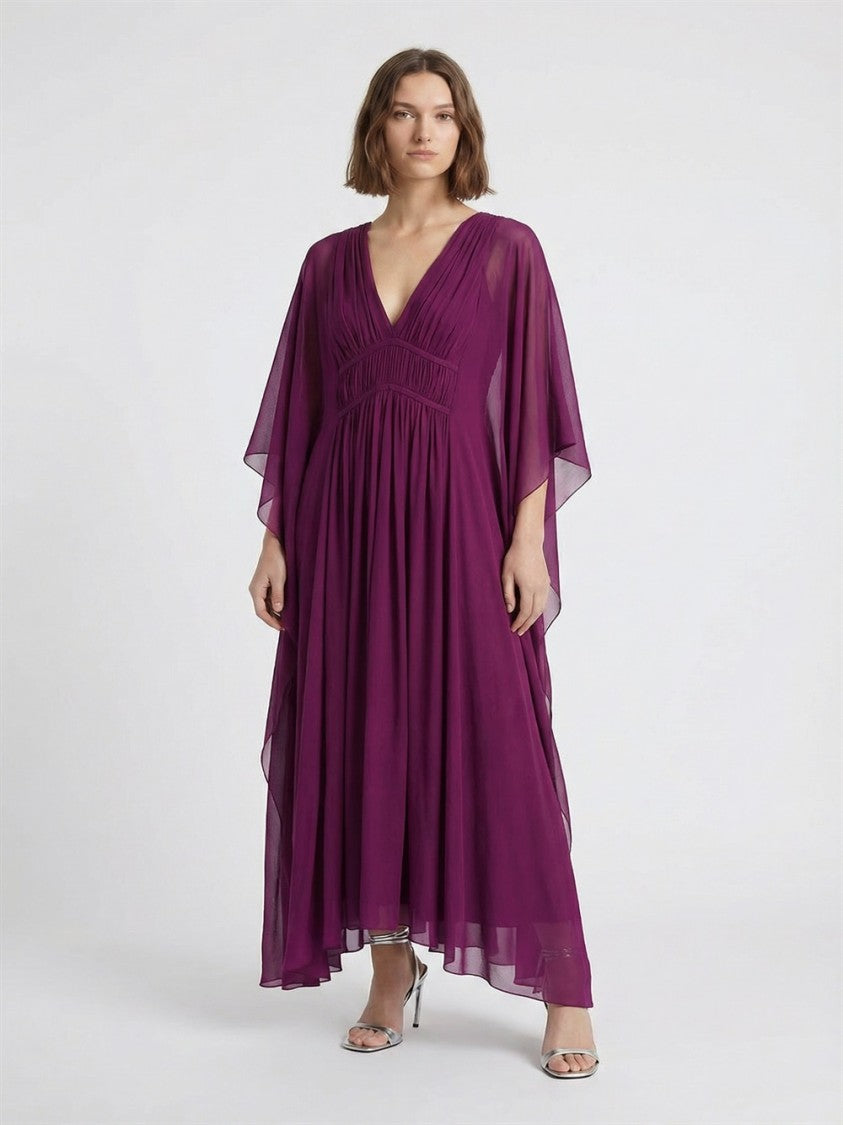 Alberta Ferretti Viola Creponne Flutter Sleeve V-Neck Silk Maxi Dress