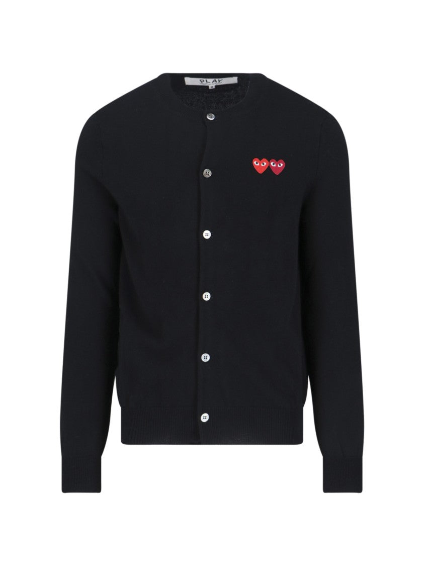 Comme Des Garçons Black Wool Cardigan With Embroidered Heart Logos