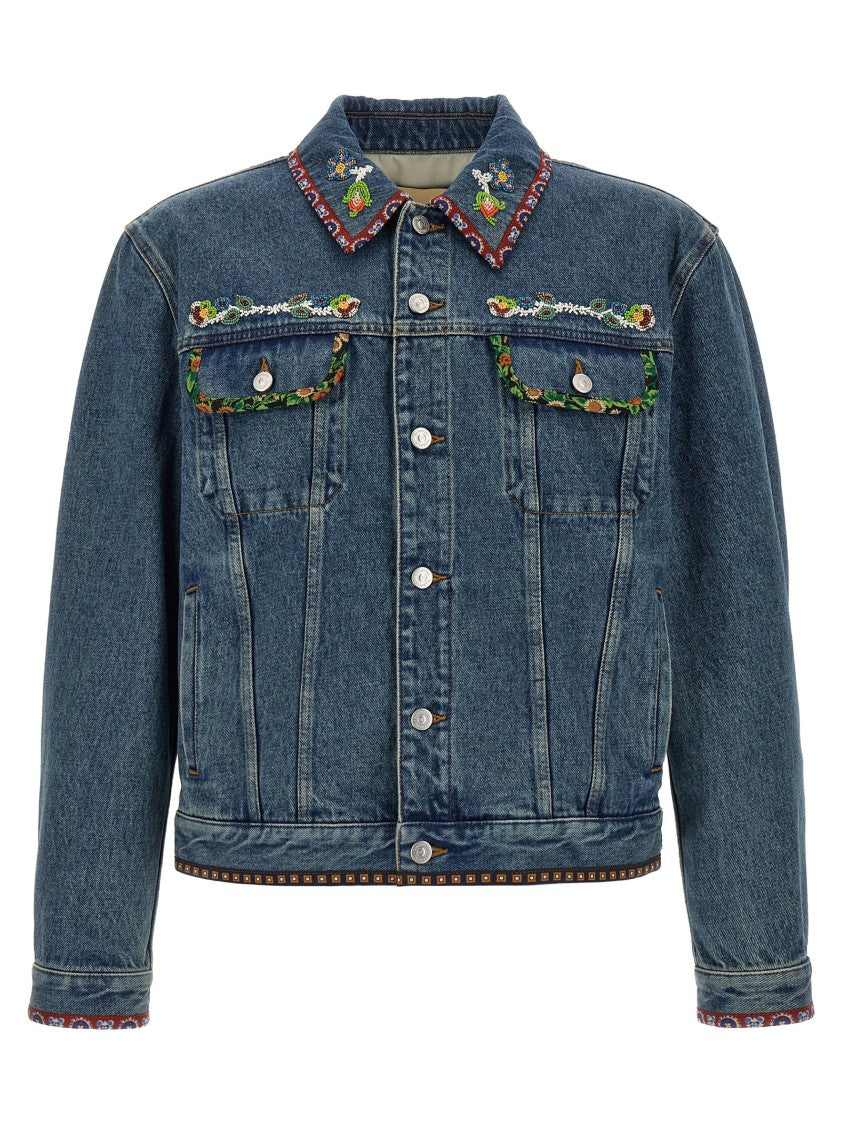 Valentino Garavani Beaded Embroidered Denim Jacket With Floral Piping