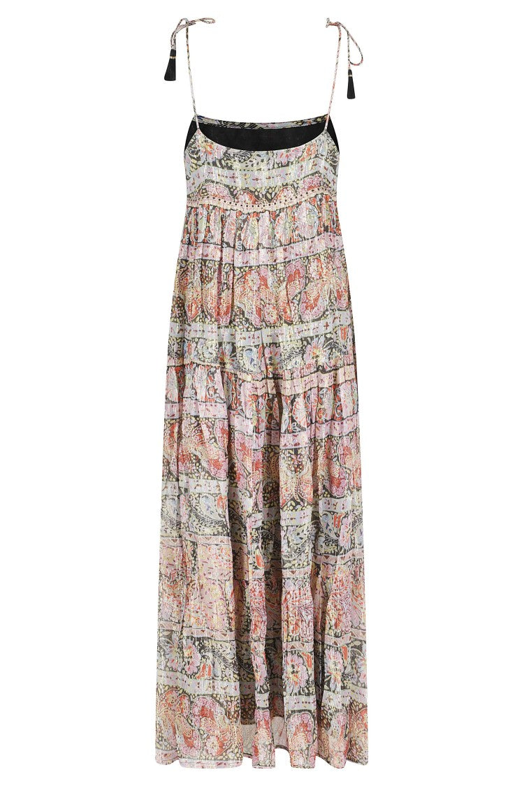 Rixo Black Kamilah Stripe Pattern Side Zip Viscose Long Evening Dress