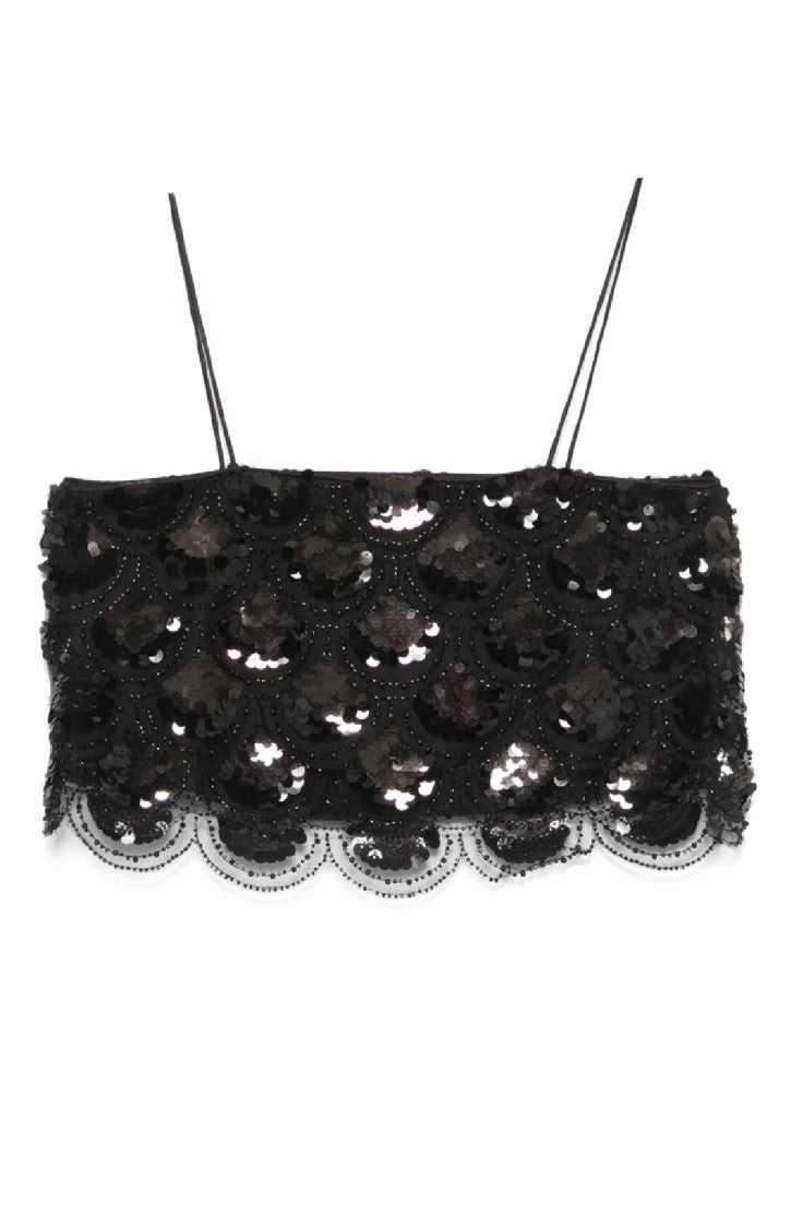 Rotate Fitted Black Sequins Crop Top