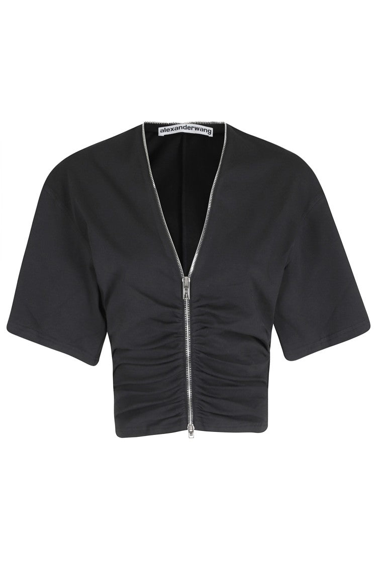 Alexander Wang Black Gathered Front-Zipper Cotton-Blend T-Shirt