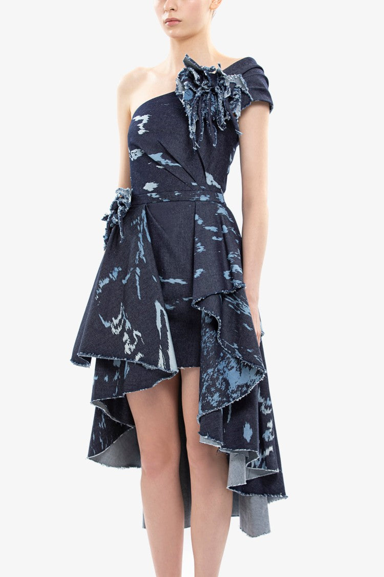 Saiid Kobeisy One-Shoulder Printed Denim Short Dress