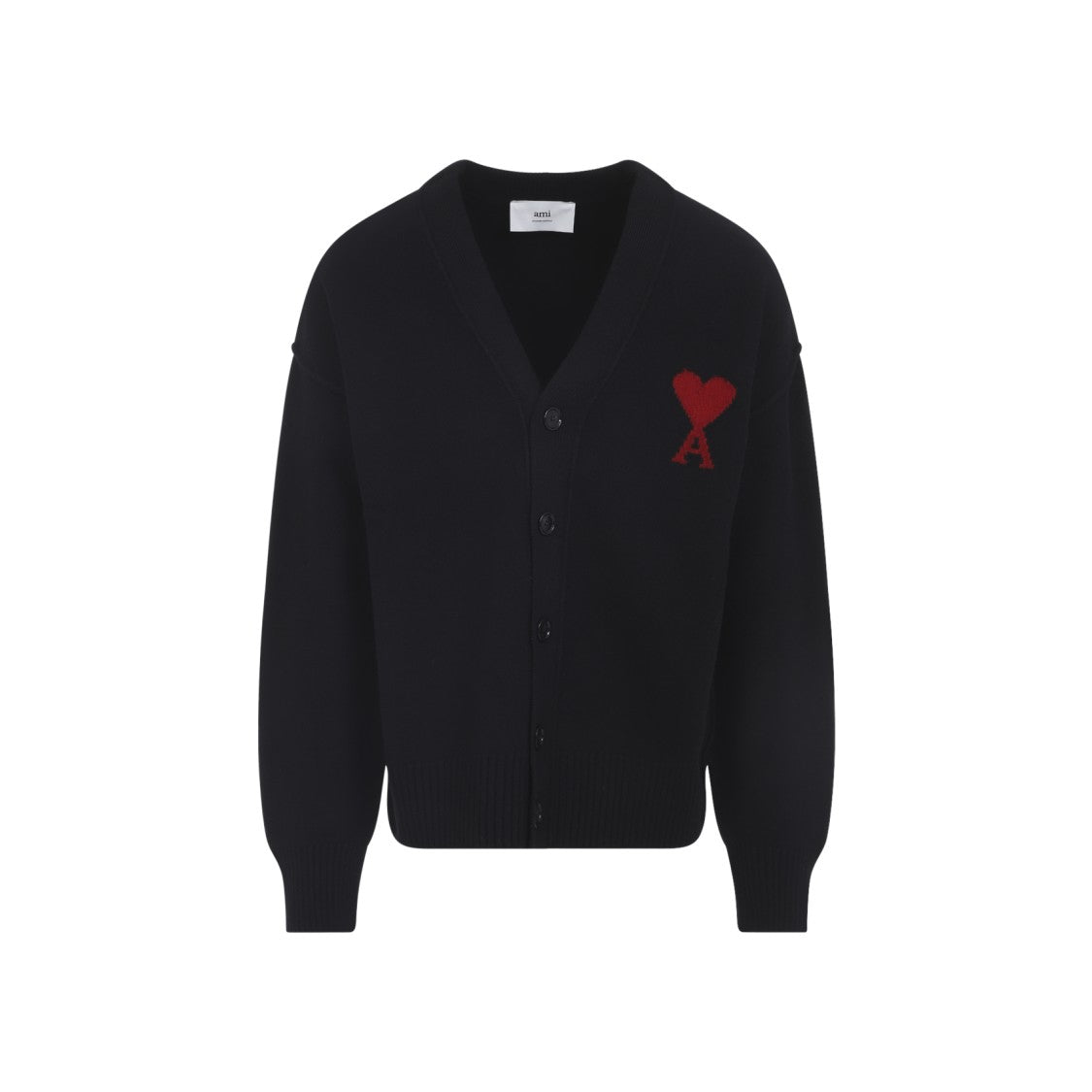 Ami Heather Black Wool Cardigan With V-Neck And Signature Logo