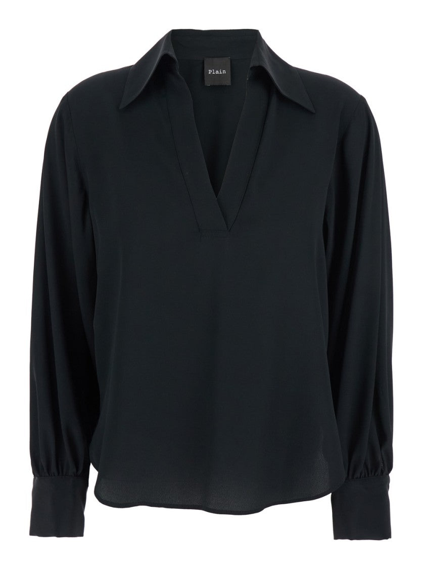 Plain Black Blouse With Polo Shirt Style Collar