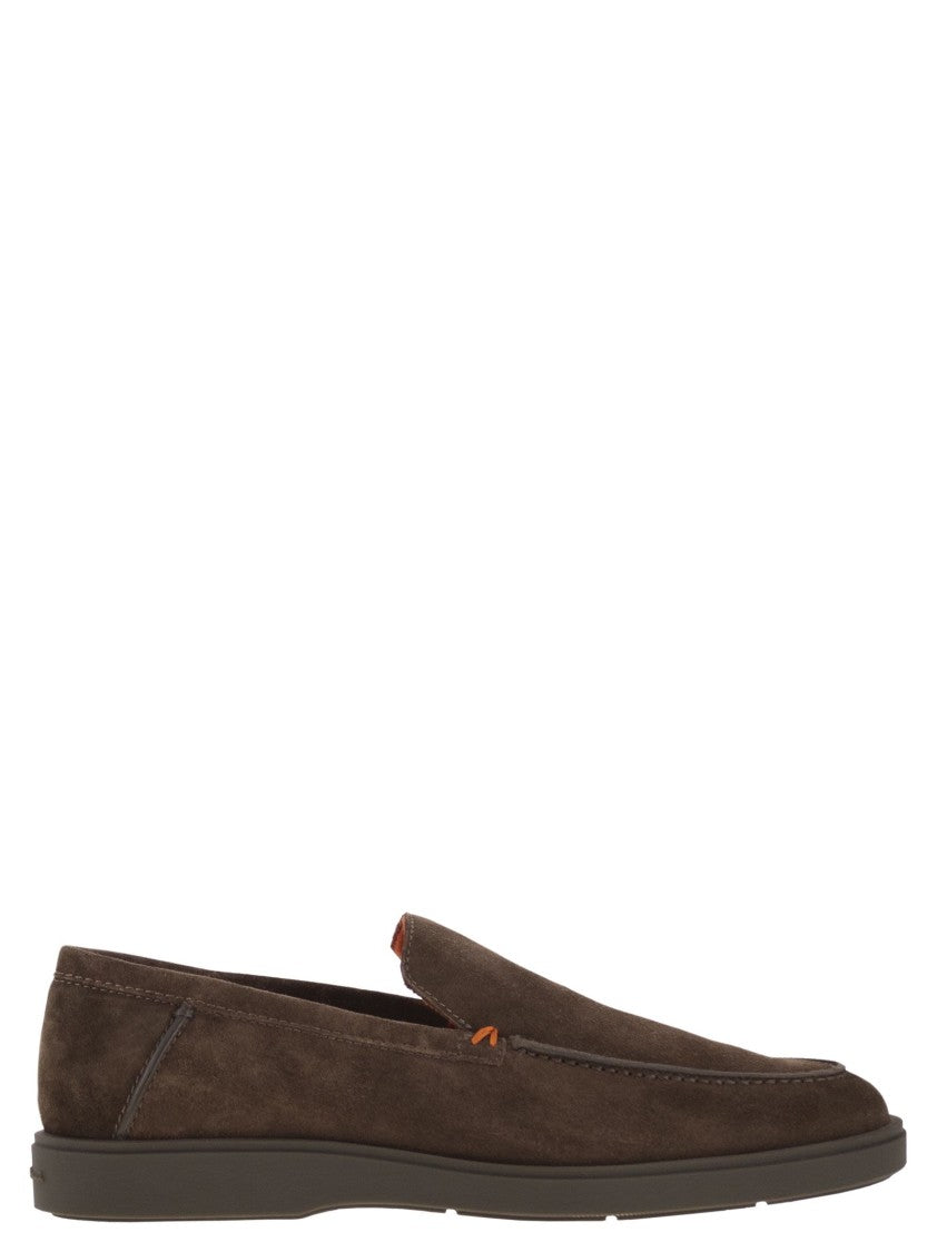 Santoni Brown Suede Loafers With Orange Thread Accents