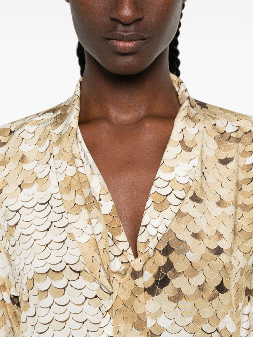 Moschino Silk And Nylon Scalloped Patterned Top With Tie Detail