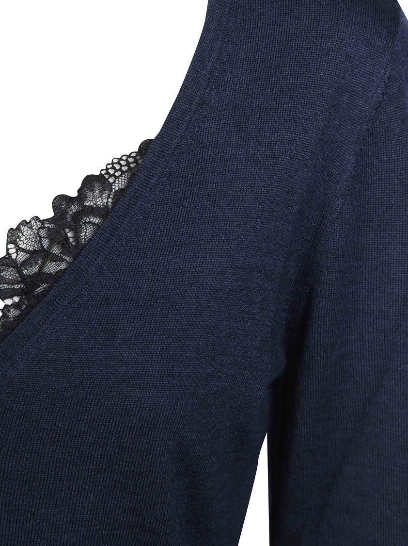 Pinko Soffio 100 Wool V-Neck Lace Trim Long Sleeve Top