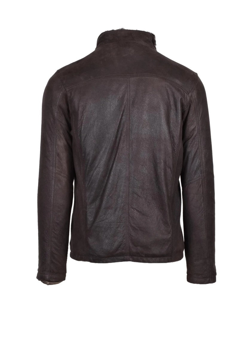 Volfagli Smooth Leather Brown Jacket With High Collar And Zip Closure