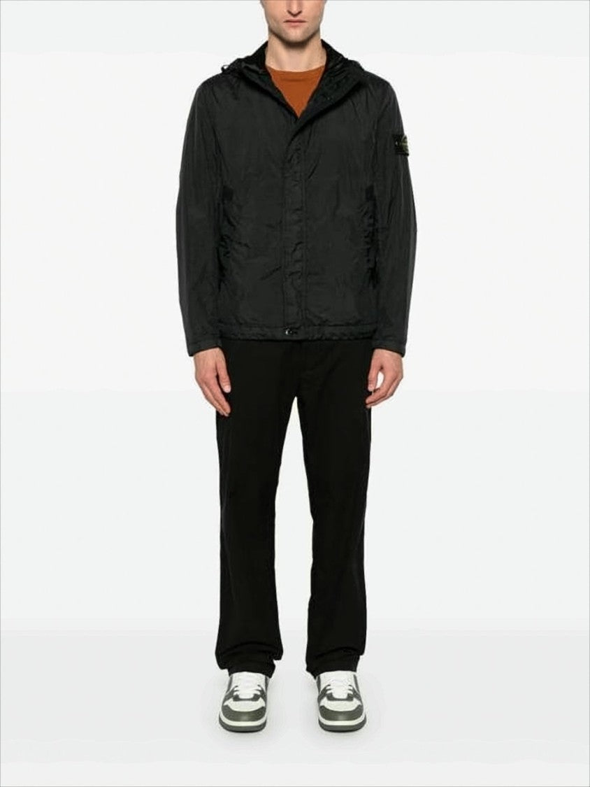 Stone Island Minimalist Black Hooded Jacket With Distinctive Patch