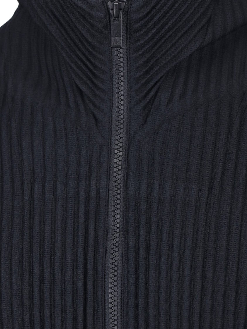Homme Plissé Issey Miyake Black Pleated High Collar Zip-Through Knit