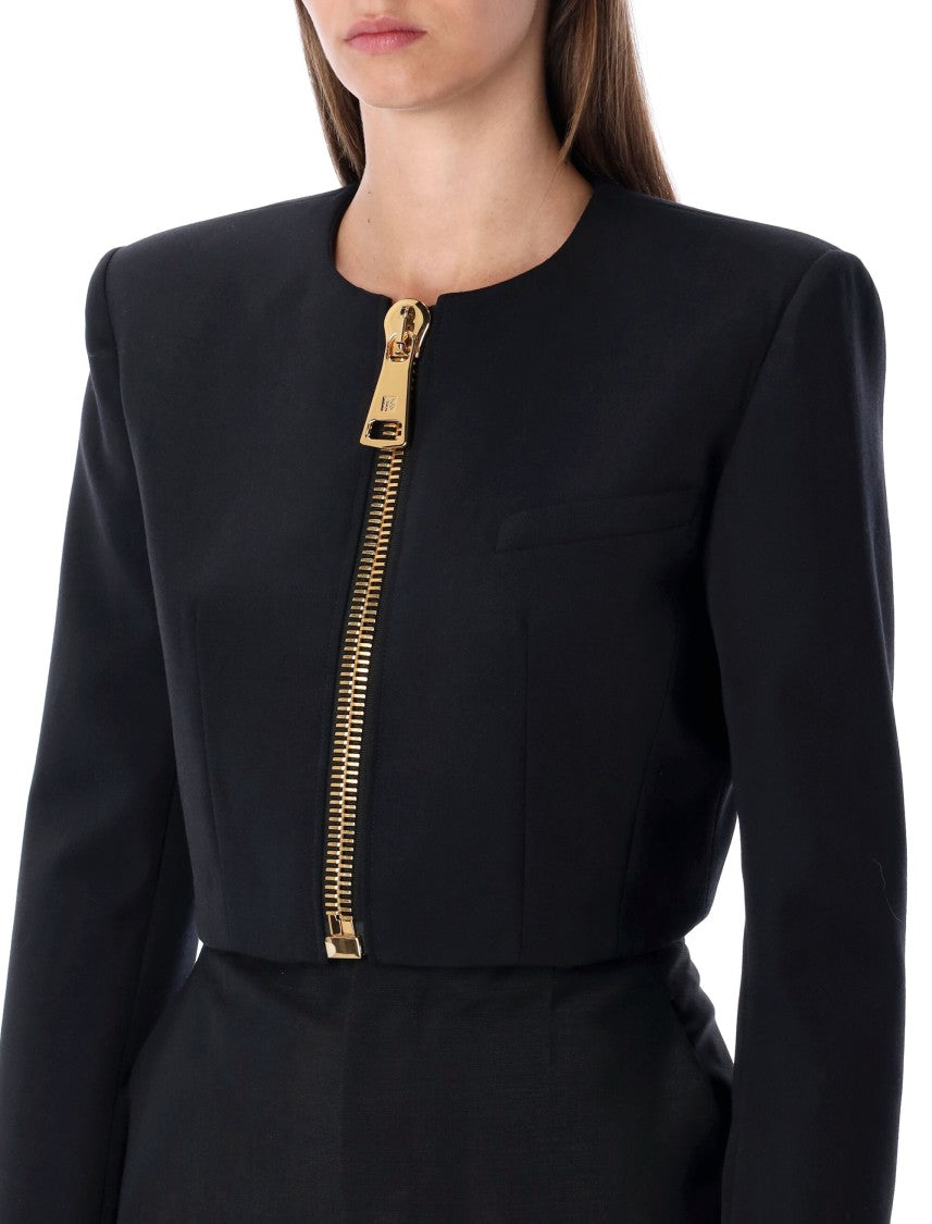 Balmain Cropped Black Wool Jacket With Gold Zip