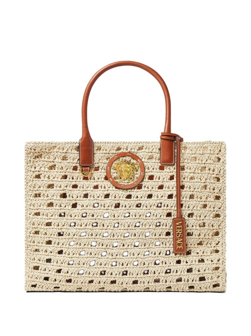 Versace Beige Woven Gold-Tone Tote Bag