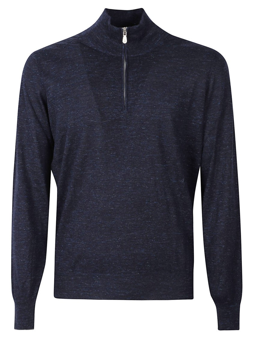Brunello Cucinelli High-Collar Navy Sweater With Half-Zip Closure