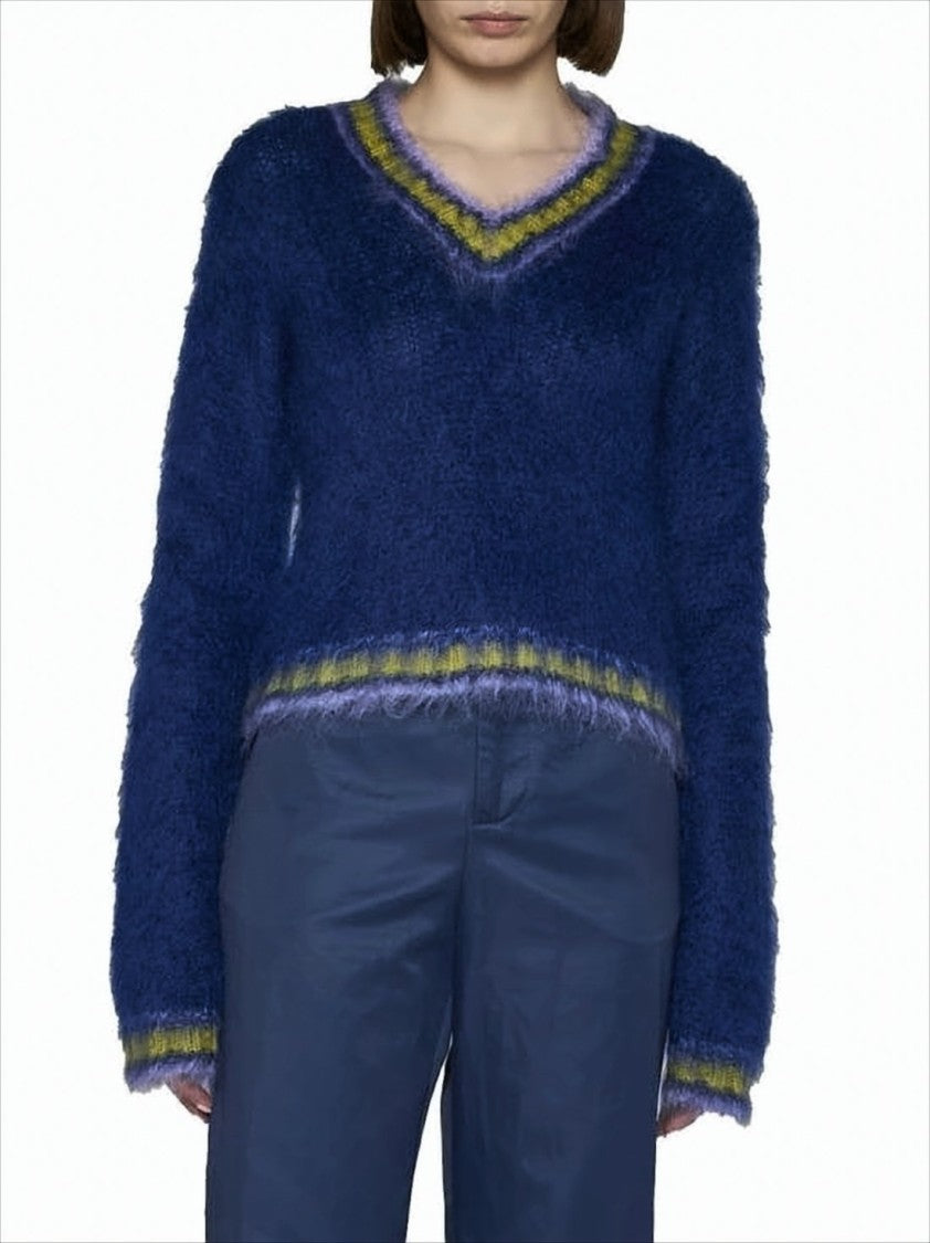 Marni Cropped Fuzzy Sweater With V-Neckline And Contrasting Trim